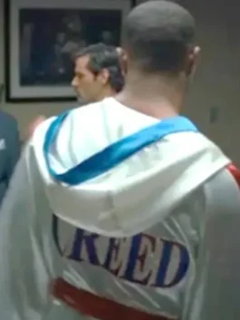 Creed 2 Adonis Johnson Boxing Robe back view in professional white satin with luxury hooded collar design.