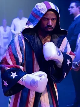 Creed 3 Adonis American Flag Robe in professional multicolor cotton polyester with luxury hooded collar design.
