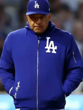 Dave Roberts LA Dodgers Blue Bomber Jacket featuring professional fleece panels and a luxury zipper closure.
