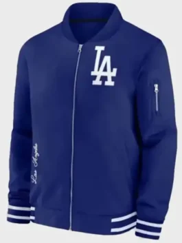 Dave Roberts LA Dodgers Blue Bomber Jacket front view with professional finish and luxury exterior waist pockets.