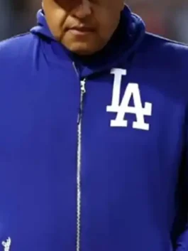 Dave Roberts LA Dodgers Blue Bomber Jacket in professional royal blue fleece with luxury ribbed collar.