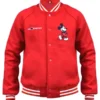 Disney World Mickey Mouse Red Varsity Jacket highlighting professional cotton grain and luxury rib knitted cuffs.