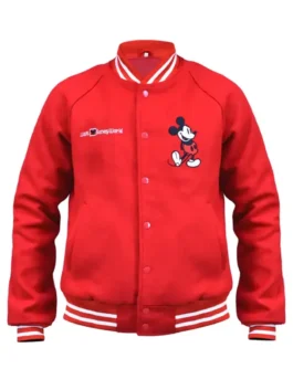 Disney World Mickey Mouse Red Varsity Jacket highlighting professional cotton grain and luxury rib knitted cuffs.
