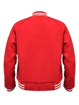 Disney World Mickey Mouse Red Varsity Jacket back view highlighting professional red finish and luxury rib knitted hem.