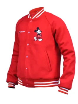 Disney World Mickey Mouse Red Varsity Jacket highlighting professional red grain and luxury full length sleeves.