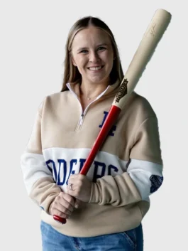 Dodgers Womens Night Quarter Zip Sweatshirt front view in warm beige fleece with a clean shirt collar and a sharp half zip pullover everyday silhouette.