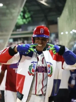 Team Dominican Republic Home Run Jacket highlighting professional leather grain and luxury rib knitted collar.