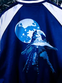 Elden Ring Ranni The Witch Sukajan Jacket in striking blue polyester with bold game-inspired artwork and a sleek zip closure.