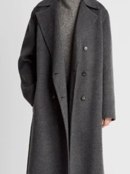 Elsbeth S03 Nina Taylor Grey Wool Coat highlighting professional grey finish and luxury open hem cuffs.