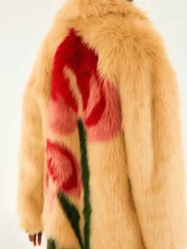 Elsbeth S03 Carrie Preston Flowers Fur Coat back view featuring professional fabric panels and a luxury wide collar.