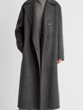 Elsbeth S03 Nina Taylor Grey Wool Coat front view featuring professional fabric panels and luxury button closure.