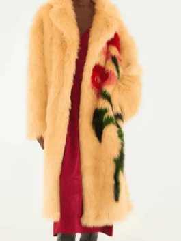 Elsbeth S03 Carrie Preston Flowers Fur Coat showcasing professional print and luxury open cuffs.