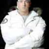 Eminem White Hooded Jacket featuring professional fabric panels and luxury zipper and button closure.
