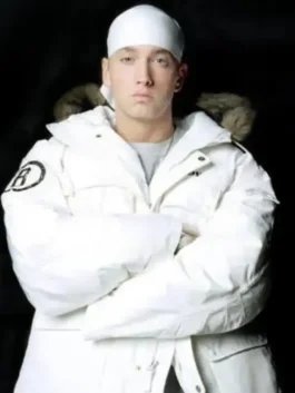 Eminem White Hooded Jacket featuring professional fabric panels and luxury zipper and button closure.