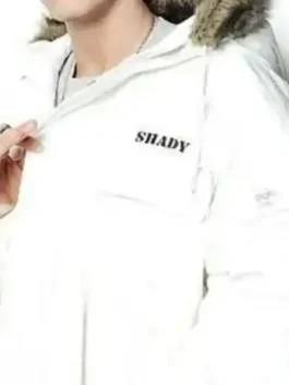 Eminem White Hooded Jacket highlighting professional cotton grain and luxury multiple pockets.