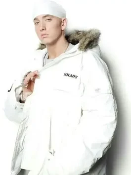 Eminem White Hooded Jacket highlighting professional white finish and luxury open hem cuffs.