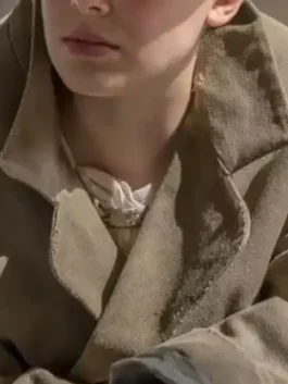 Enola Holmes Millie Bobby Brown Coat in professional mid length cotton with a luxury lapel collar.