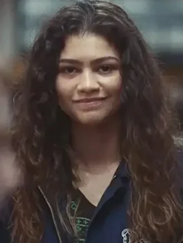 Euphoria S02 Zendaya Blue Peels Jacket in black cotton with a clean zip-up design and Zendaya's signature fearless casual street style.