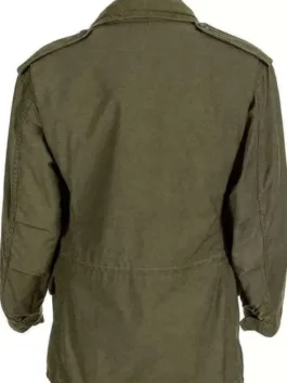 Sylvester Stallone M65 Field Jacket back view showing a clean green cotton finish with a relaxed military-inspired structured silhouette.