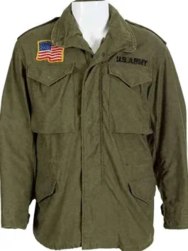 Sylvester Stallone M65 Field Jacket front view highlighting green cotton fabric, shirt style collar and a bold military-inspired design.
