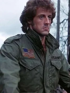 Sylvester Stallone M65 Field Jacket in rugged green cotton with a classic military field silhouette and bold cinematic appeal.