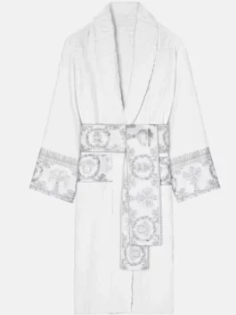 Versace Ford Jast White and Silver Bathrobe with professional lapel collar and luxury belted closure.