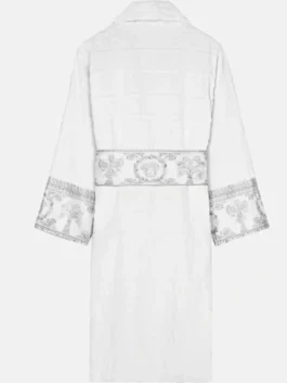Versace Ford Jast White and Silver Bathrobe back view in professional arctic white terry with luxury lapel design.