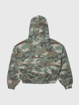 Gap Katseye Daniela Hoodie back view showing seamless camo panels and full length sleeves.