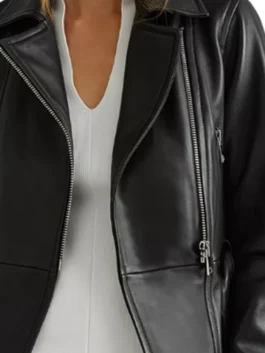 General Hospital Laura Wright Black Moto Jacket in professional real leather with luxury shirt style collar.