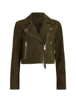 General Hospital Kristina Corinthos Suede Jacket in professional olive green suede with luxury wide lapel collar.