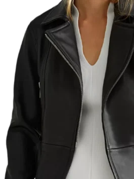General Hospital Laura Wright Black Moto Jacket highlighting professional black grain and luxury zipper cuffs.
