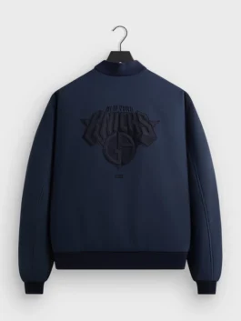 Giorgio Armani Kith New York Knicks Bomber Jacket back view highlighting professional wool finish and luxury rib knitted cuffs.
