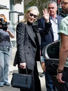 Good Morning America Meryl Streep Pinstripe Suit in sleek black suiting with a classic lapel collar and Meryl Streep's polished everyday professional presence.