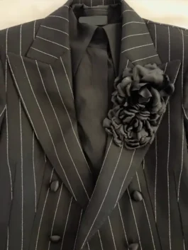 Good Morning America Meryl Streep Pinstripe Suit in bold black suiting with a double breasted lapel collar and Meryl Streep's sharp commanding on-show silhouette.