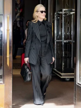Good Morning America Meryl Streep Pinstripe Suit in rich black suiting fabric with a sharp lapel collar and Meryl Streep's bold refined Good Morning America style.