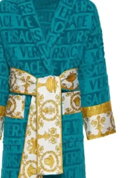 Versace Green Robe featuring professional green panels and a luxury belted closure.