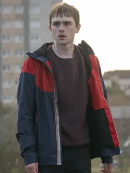 Half Man Mitchell Robertson Hooded Jacket in vibrant blue and red parachute fabric with a hooded collar and Mitchell Robertson's fearless everyday character presence.