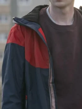 Half Man Mitchell Robertson Hooded Jacket in bold blue and red parachute fabric with a hooded collar and Mitchell Robertson's sharp on-screen presence.