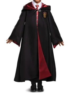Harry Potter Gryffindor Black Robe featuring professional fabric panels and a luxury hook style closure.