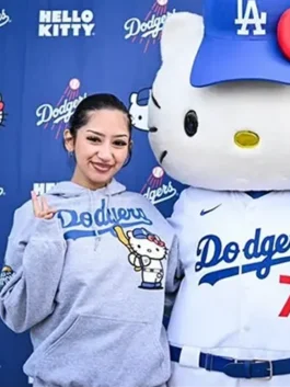 Los Angeles Dodgers Hello Kitty Hoodie in premium grey fleece with a fixed hooded collar.