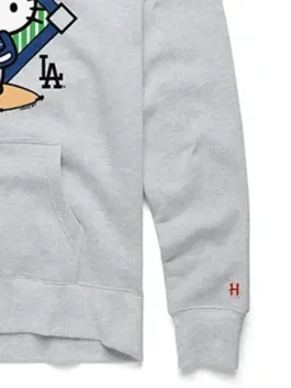 Hello Kitty x Los Angeles Dodgers Hoodie MLB pullover in grey fleece with hooded collar, rib knitted cuffs and kangaroo pockets.