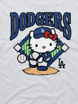 Hello Kitty x Los Angeles Dodgers T-Shirt in soft grey with a relaxed pullover silhouette and comfortable half length sleeves.
