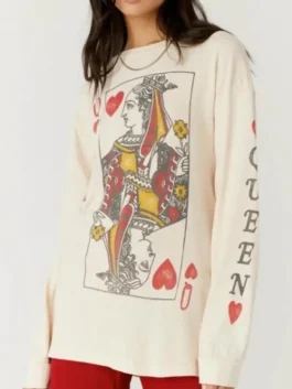High Potential Kaitlin Olson Queen of Hearts Shirt front view highlighting professional white finish and luxury full-length sleeves.