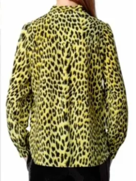 High Potential S02 Morgan Gillory Leopard Shirt back view showing a clean yellow leopard print finish with a relaxed full sleeve silhouette.