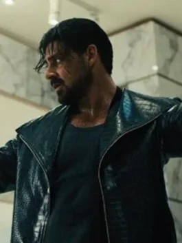 Home Sweet Home Rebirth Mek Black Coat front view in professional black leather with luxury lapel collar.