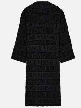 Versace Hooded Robe in professional black terry fabric with luxury hooded collar design.