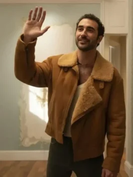 I Love LA Jordan Firstman Suede Jacket front view in professional brown suede with luxury shearling lapel collar.