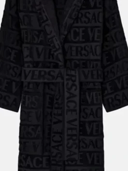 Versace Ivy Wiza Full Black Bathrobe in professional onyx terry with luxury hooded collar design.