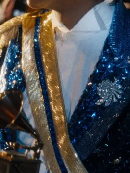 Michael Jaafar Jackson Blue Sequin Jacket featuring professional fabric panels and a luxury button closure.