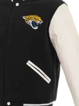 Jacksonville Jaguars Two-Tone Varsity Jacket side view highlighting professional leather and luxury rib knitted cuffs.